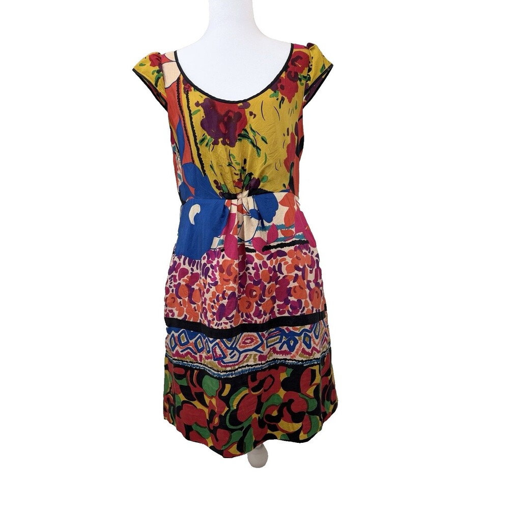 Moulinette Soeurs Anthropologie Silk Dress Womens 4 Abstract Art Belted Mini